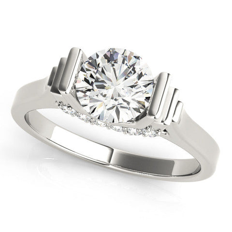 Silver Round Brilliant Solitaire Diamond Ring with Channel Set Band and Bar Prong Setting