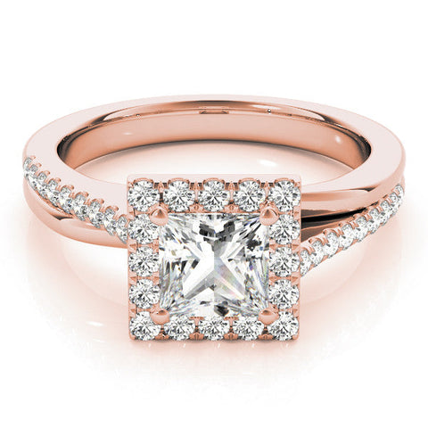 Rose gold Princess Cut Halo Diamond Ring with Split Shank and Four-Prong Setting