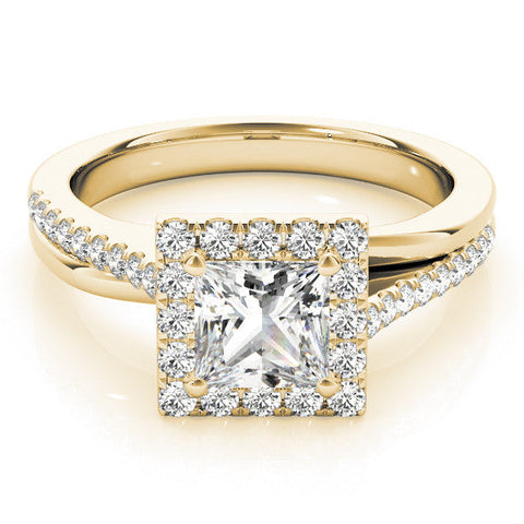Yellow gold Princess Cut Halo Diamond Ring with Split Shank and Four-Prong Setting