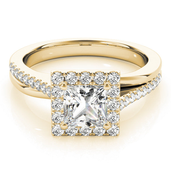 Yellow gold Princess Cut Halo Diamond Ring with Split Shank and Four-Prong Setting