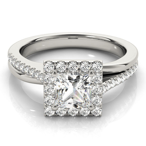 Silver Princess Cut Halo Diamond Ring with Split Shank and Four-Prong Setting