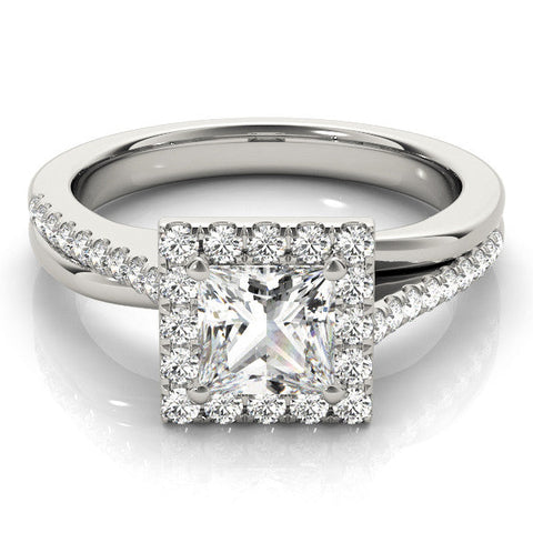 Platinum Princess Cut Halo Diamond Ring with Split Shank and Four-Prong Setting