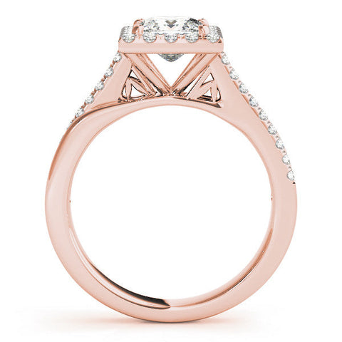 Rose gold Princess Cut Halo Diamond Ring with Split Shank and Four-Prong Setting