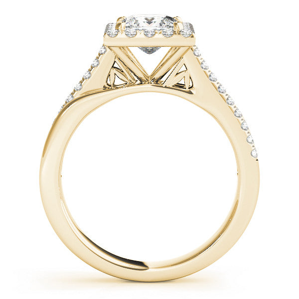 Yellow gold Princess Cut Halo Diamond Ring with Split Shank and Four-Prong Setting