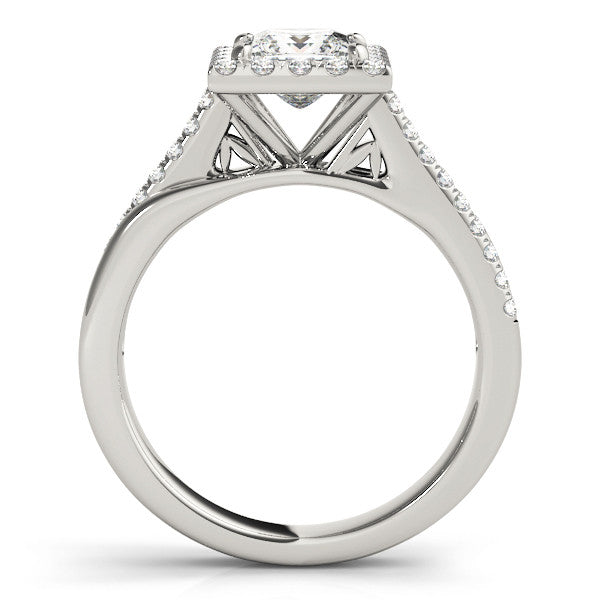Silver Princess Cut Halo Diamond Ring with Split Shank and Four-Prong Setting