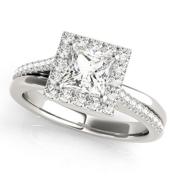 White gold Princess Cut Halo Diamond Ring with Split Shank and Four-Prong Setting