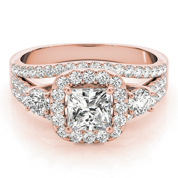 Rose gold Halo Princess Cut Split Shank Diamond Ring with Four-Prong Setting