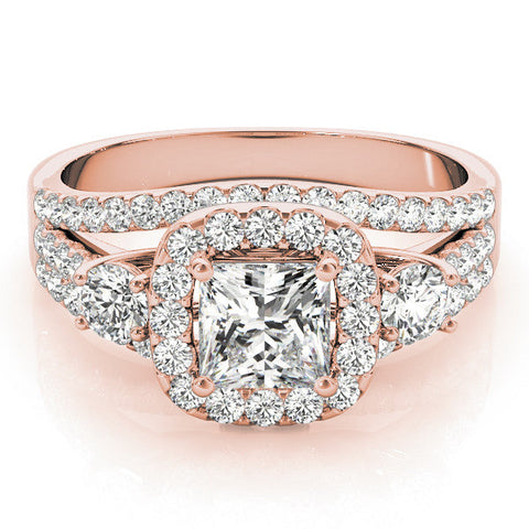 Rose gold Halo Princess Cut Split Shank Diamond Ring with Four-Prong Setting