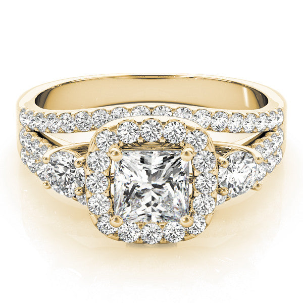 Yellow gold Halo Princess Cut Split Shank Diamond Ring with Four-Prong Setting
