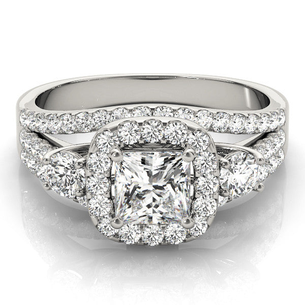 White gold Halo Princess Cut Split Shank Diamond Ring with Four-Prong Setting