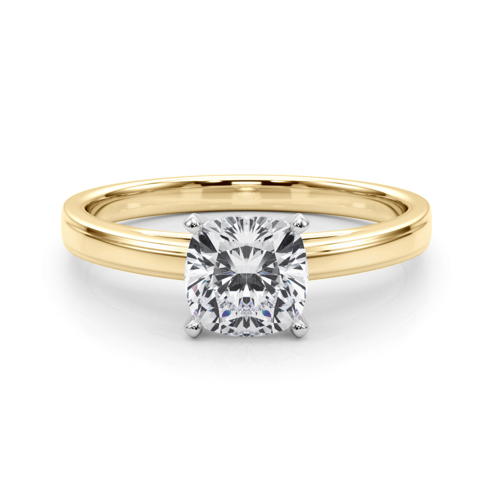Yellow gold Cushion Solitaire Diamond Ring with Four-Prong Setting and Classic Band