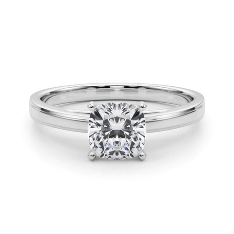Platinum Cushion Solitaire Diamond Ring with Four-Prong Setting and Classic Band