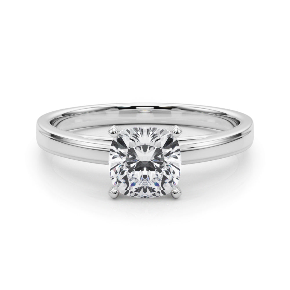 White gold Cushion Solitaire Diamond Ring with Four-Prong Setting and Classic Band