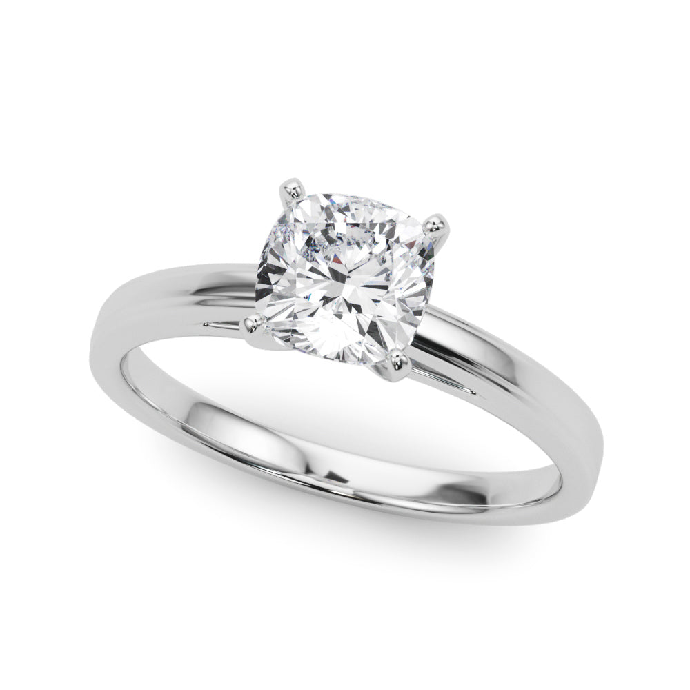 White gold Cushion Solitaire Diamond Ring with Four-Prong Setting and Classic Band