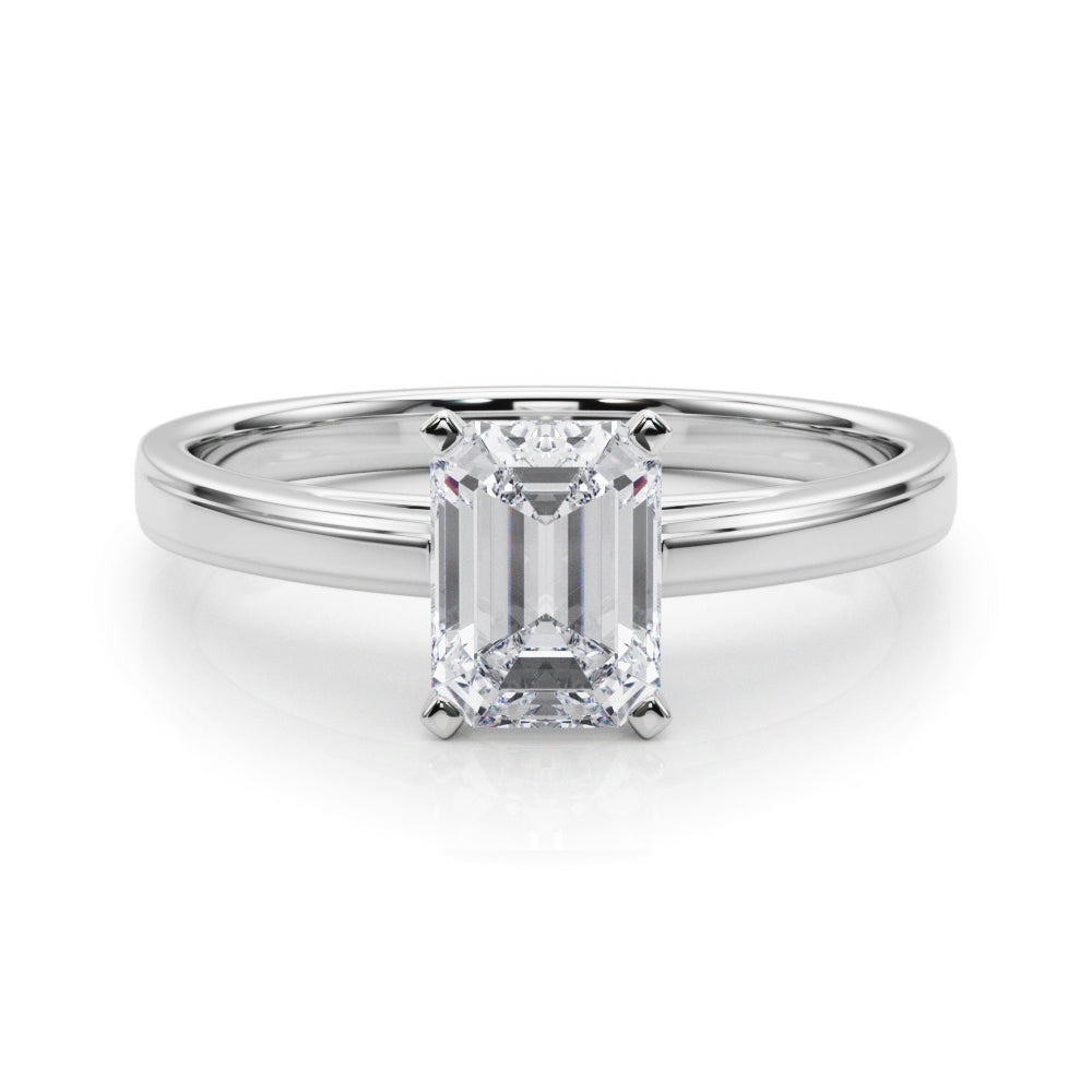 White gold Radiant Solitaire Diamond Ring with Four-Prong Setting and Classic Band