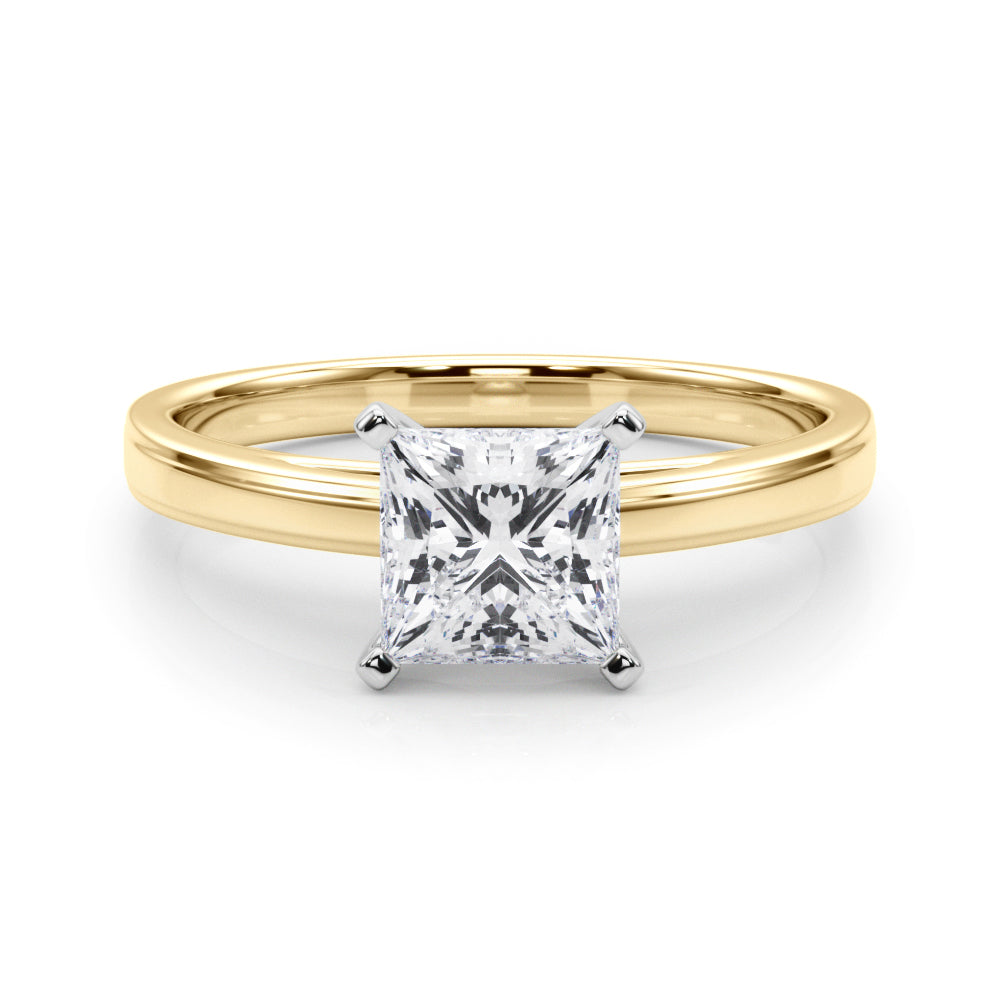 Yellow gold Princess Solitaire Diamond Ring with Four-Prong Setting and Classic Band
