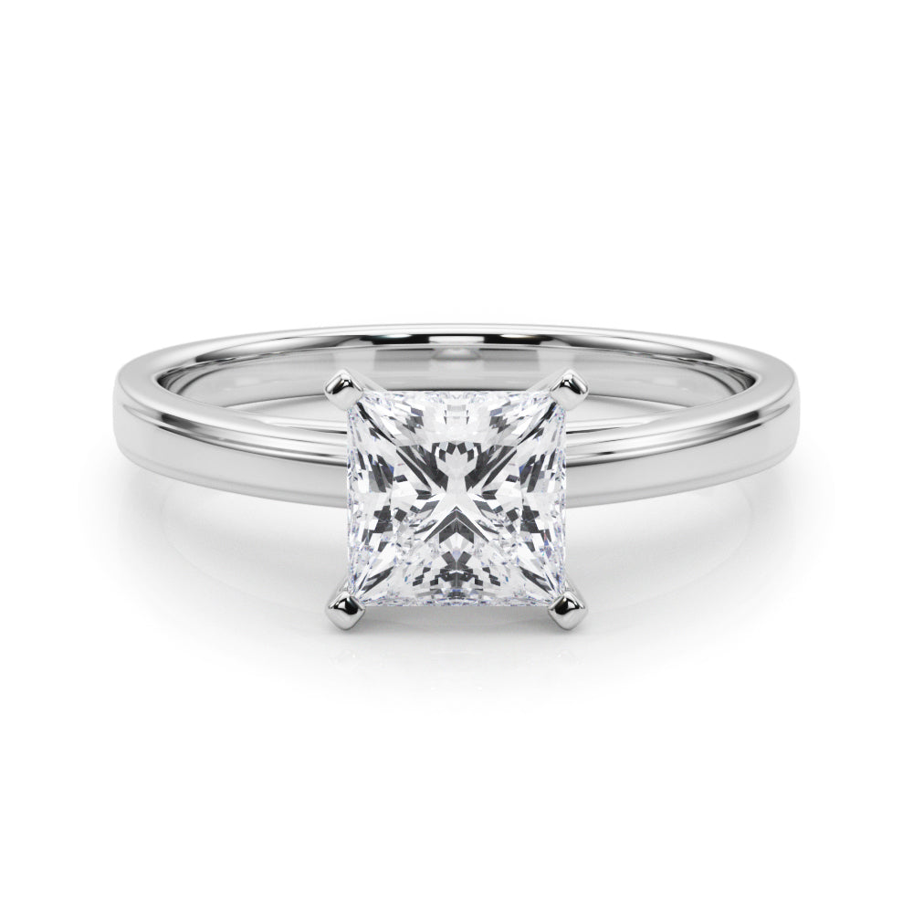 White gold Princess Solitaire Diamond Ring with Four-Prong Setting and Classic Band
