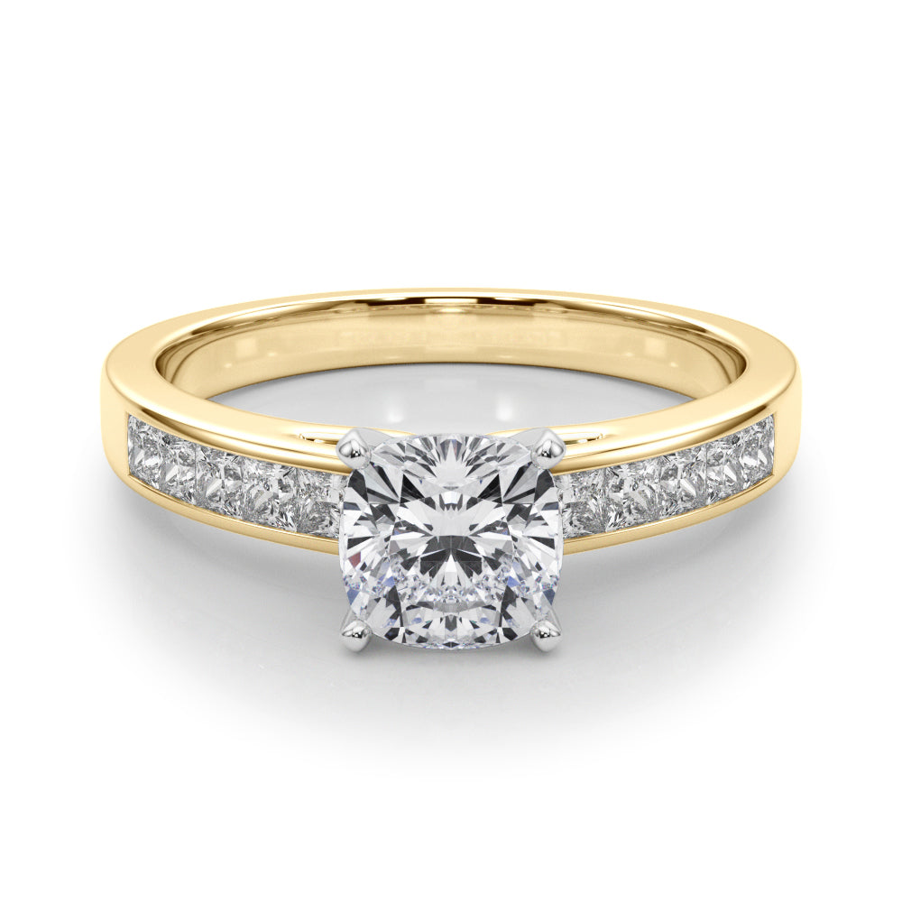 Yellow gold Cushion Solitaire Diamond Ring with Channel-Set Band and Four-Prong Setting