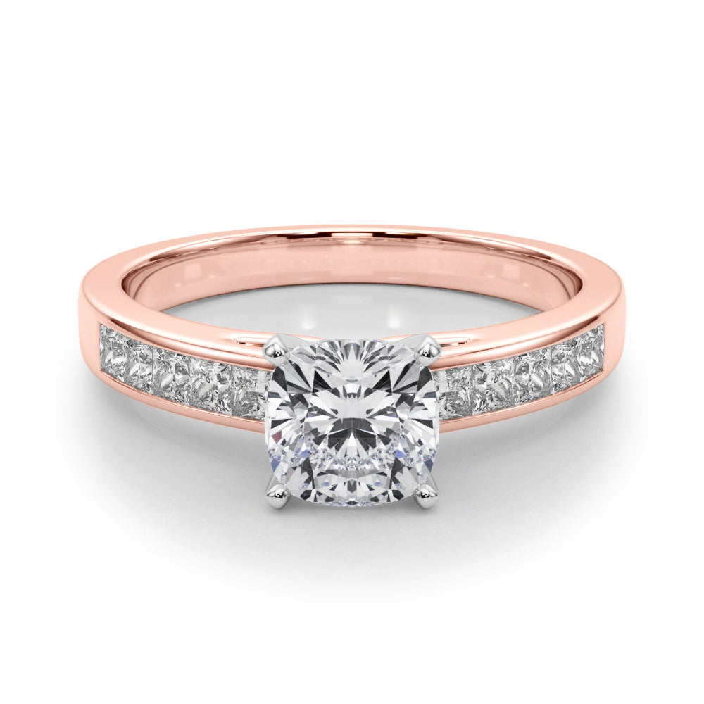 Rose gold Cushion Solitaire Diamond Ring with Channel-Set Band and Four-Prong Setting