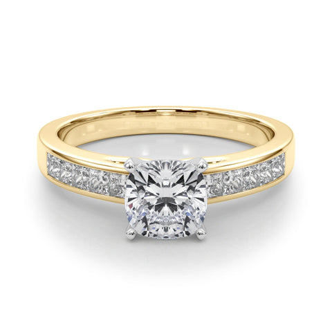 Yellow gold Cushion Solitaire Diamond Ring with Channel-Set Band and Four-Prong Setting