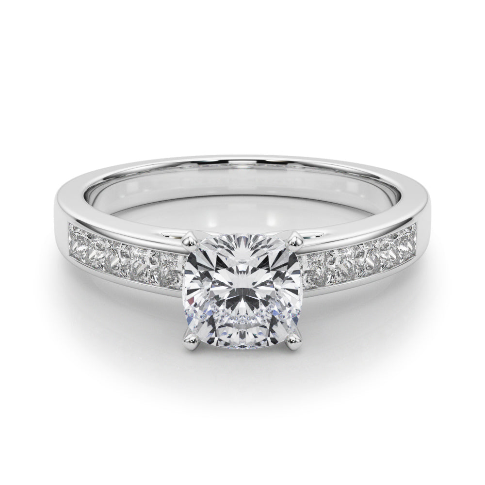 White gold Cushion Solitaire Diamond Ring with Channel-Set Band and Four-Prong Setting