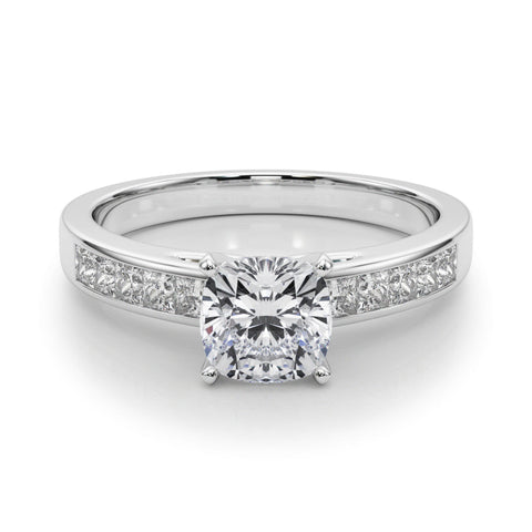 Silver Cushion Solitaire Diamond Ring with Channel-Set Band and Four-Prong Setting
