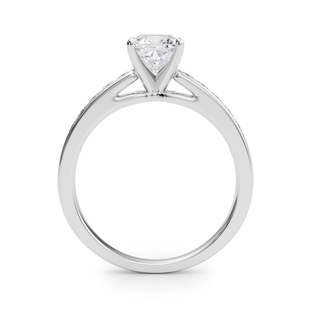 Platinum Cushion Solitaire Diamond Ring with Channel-Set Band and Four-Prong Setting
