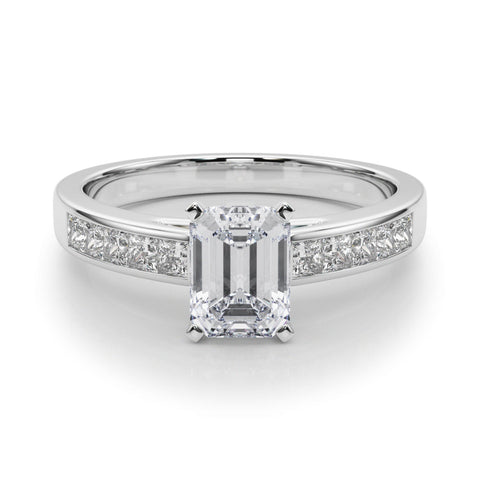 Platinum Emerald Solitaire Diamond Ring with Channel-Set Band and Four-Prong Setting