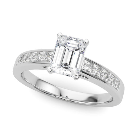 White gold Radiant Solitaire Diamond Ring with Channel-Set Band and Four-Prong Setting