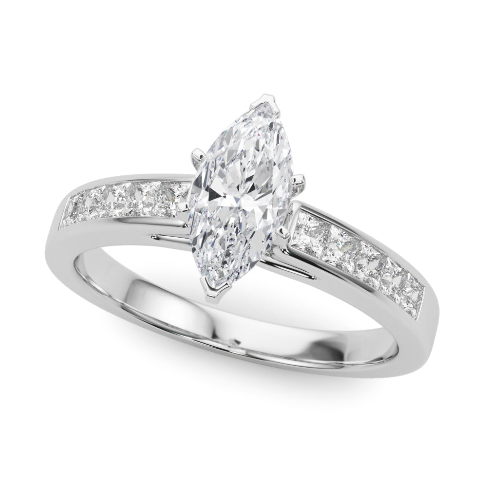 Silver Marquise Solitaire Diamond Ring with Channel-Set Band and Four-Prong Setting