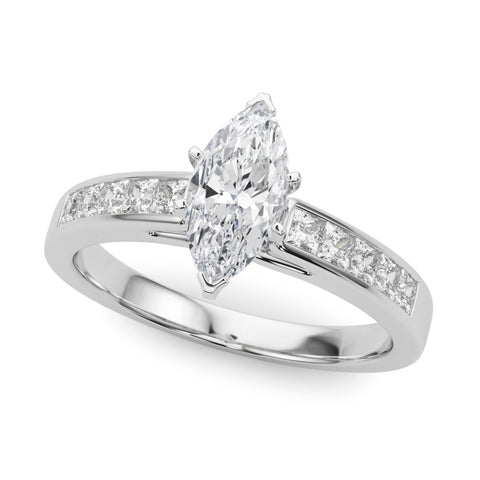 Silver Marquise Solitaire Diamond Ring with Channel-Set Band and Four-Prong Setting