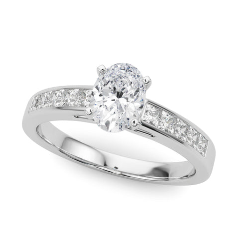 Silver Oval Solitaire Diamond Ring with Channel-Set Band and Four-Prong Setting