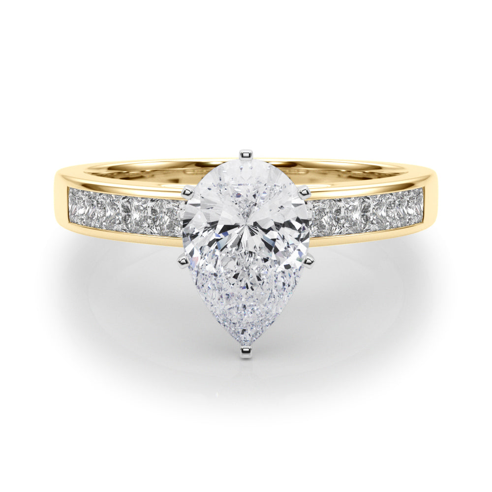 Yellow gold Pear Solitaire Diamond Ring with Channel-Set Band and Four-Prong Setting
