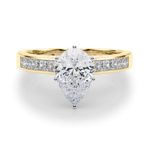 Yellow gold Pear Solitaire Diamond Ring with Channel-Set Band and Four-Prong Setting