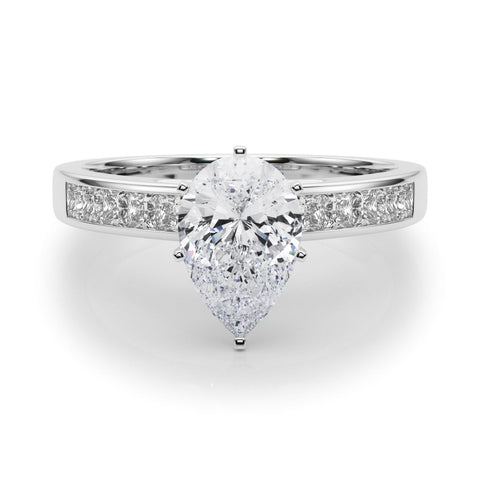 Silver Pear Solitaire Diamond Ring with Channel-Set Band and Four-Prong Setting
