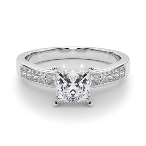 Platinum Princess Solitaire Diamond Ring with Channel-Set Band and Four-Prong Setting