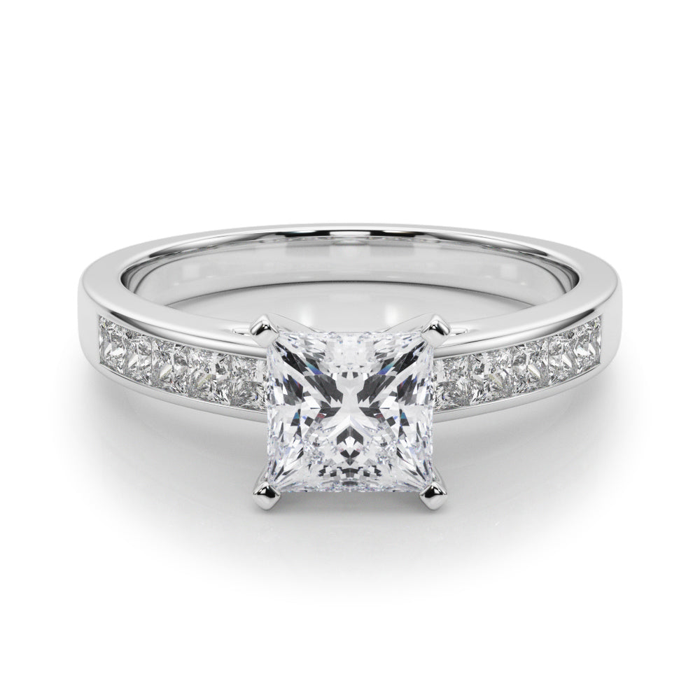 Platinum Princess Solitaire Diamond Ring with Channel-Set Band and Four-Prong Setting