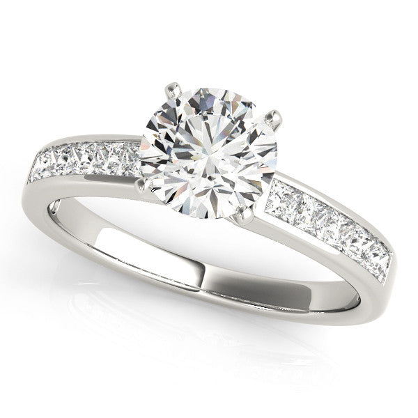 Silver Round Solitaire Diamond Ring with Channel-Set Band and Four-Prong Setting