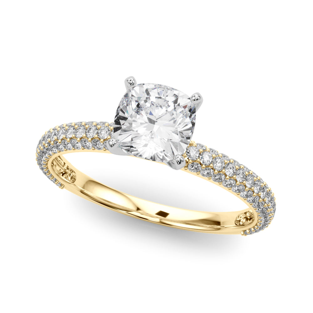 Yellow gold Cushion Solitaire with Pave Band and Four-Prong Setting