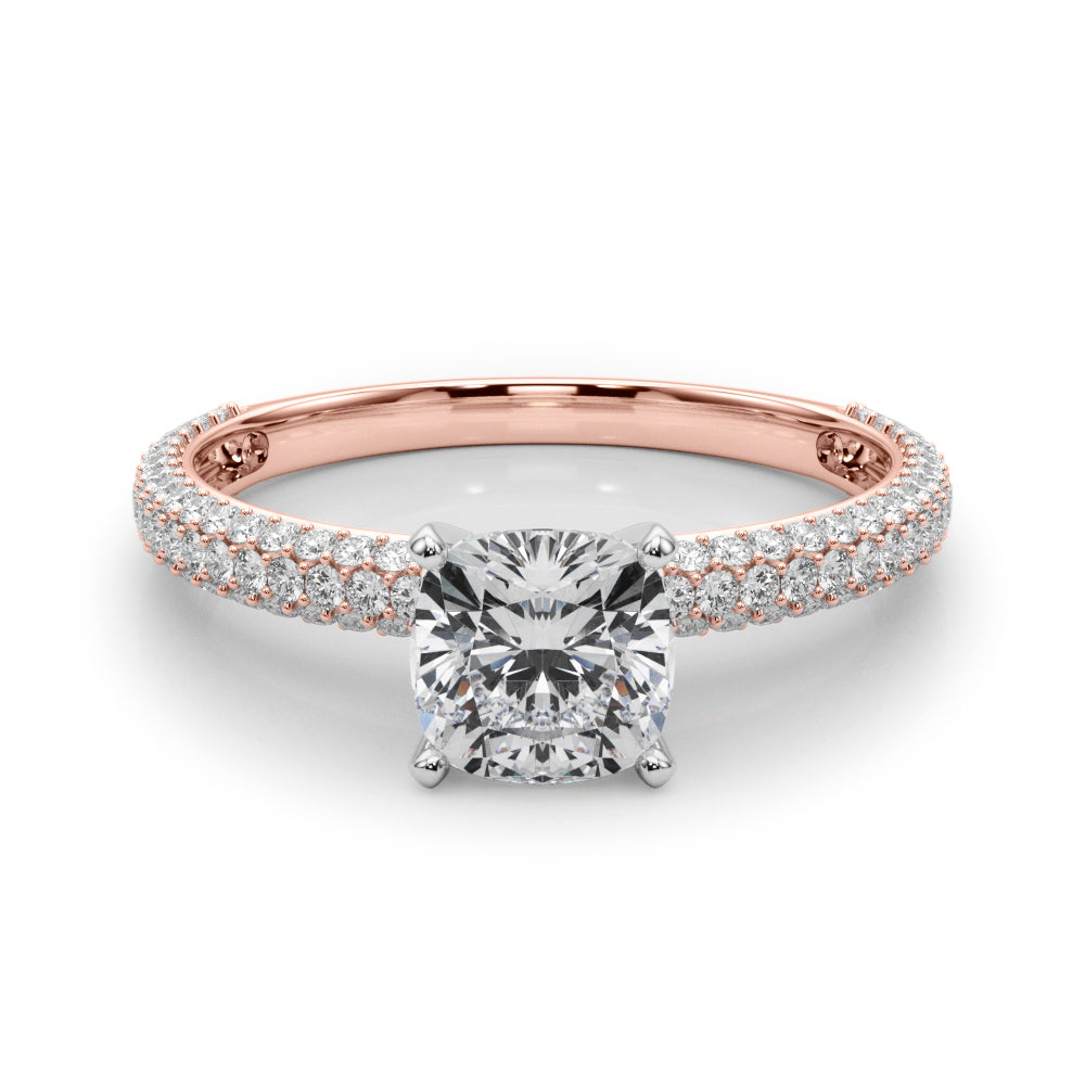 Rose gold Cushion Solitaire with Pave Band and Four-Prong Setting