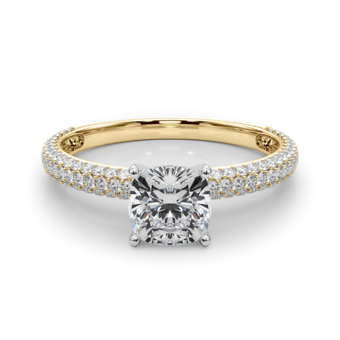 Yellow gold Cushion Solitaire with Pave Band and Four-Prong Setting