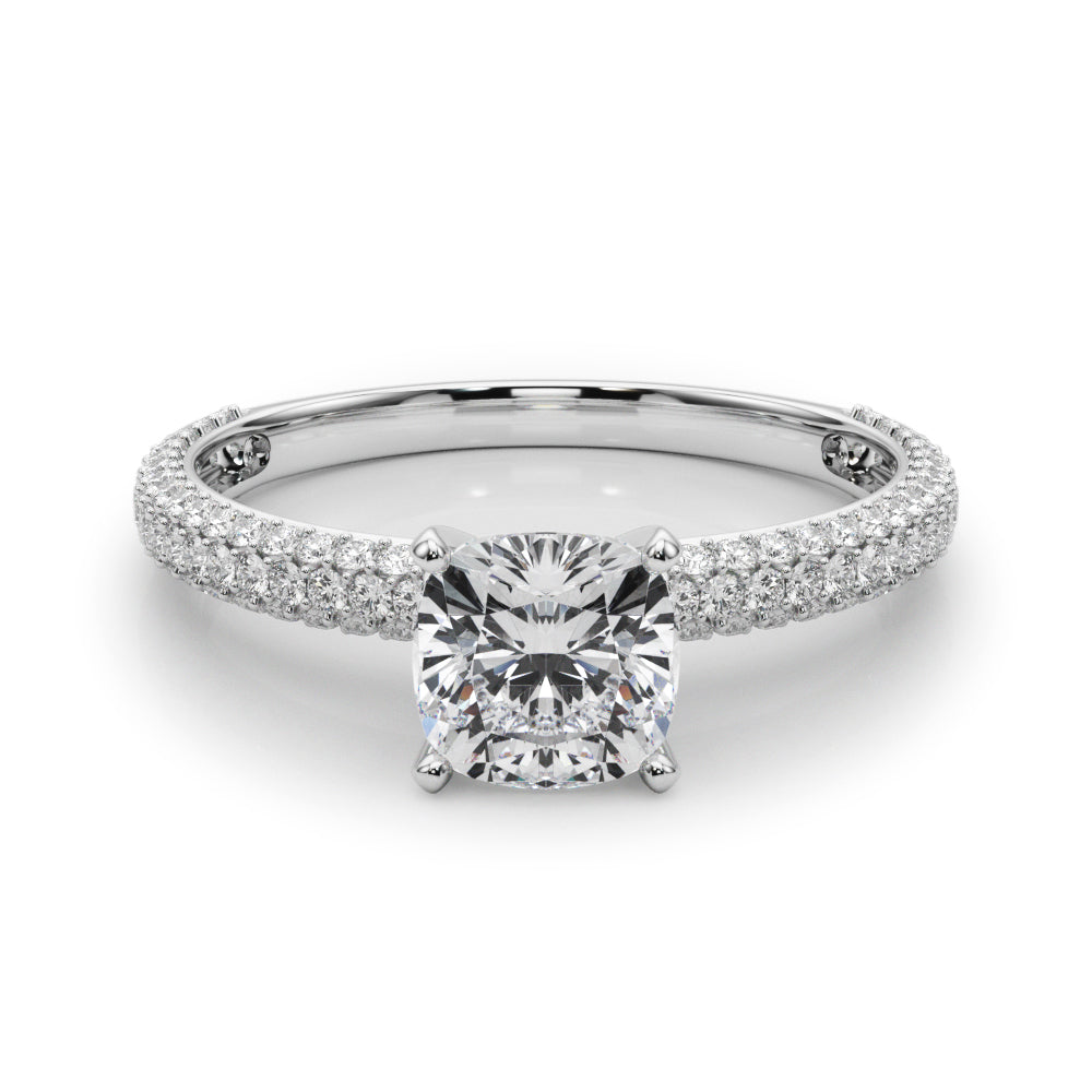 White gold Cushion Solitaire with Pave Band and Four-Prong Setting