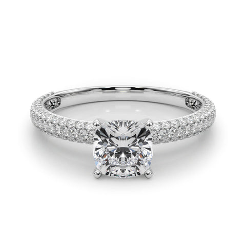 White gold Cushion Solitaire with Pave Band and Four-Prong Setting