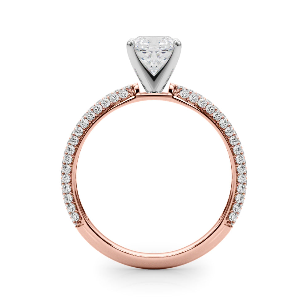 Rose gold Cushion Solitaire with Pave Band and Four-Prong Setting