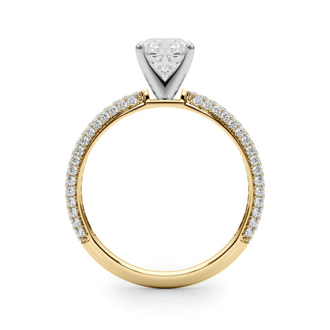 Yellow gold Cushion Solitaire with Pave Band and Four-Prong Setting
