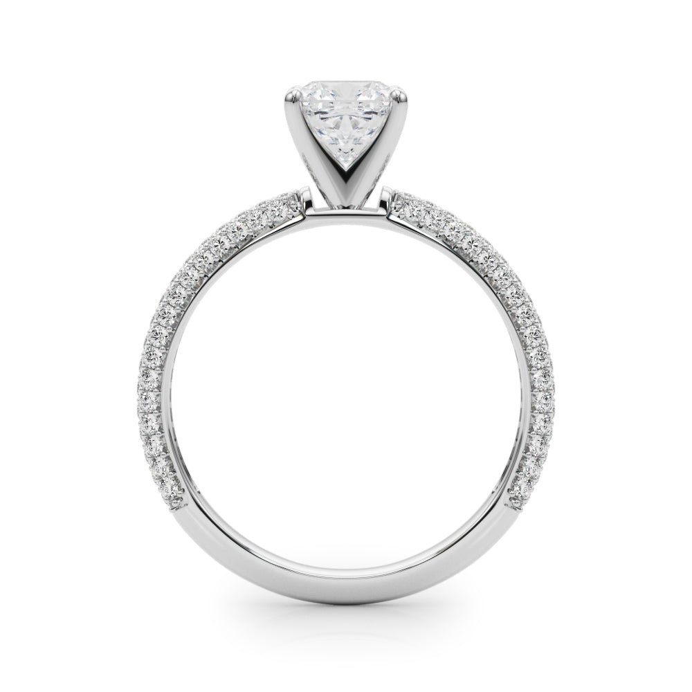 White gold Cushion Solitaire with Pave Band and Four-Prong Setting