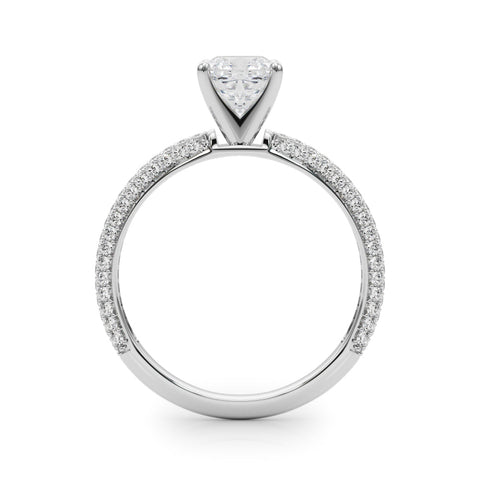 White gold Cushion Solitaire with Pave Band and Four-Prong Setting