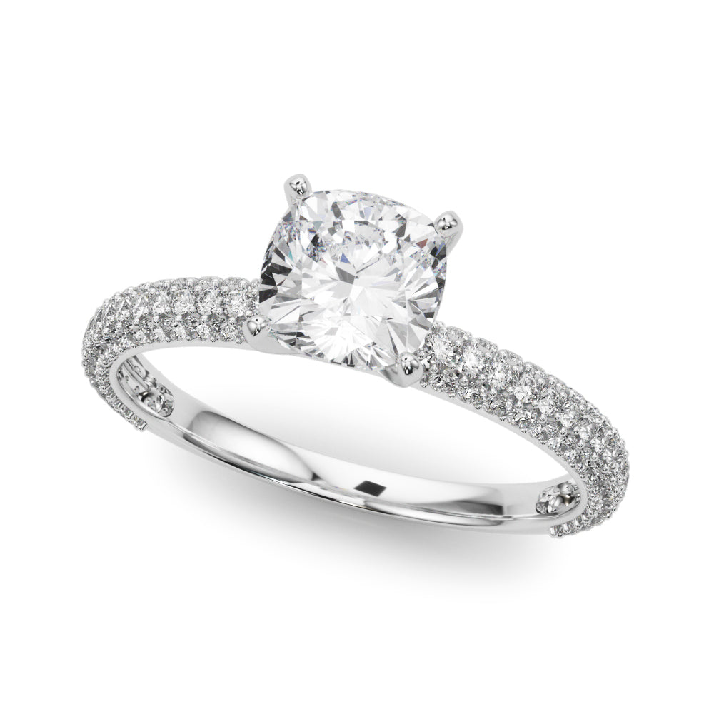 White gold Cushion Solitaire with Pave Band and Four-Prong Setting