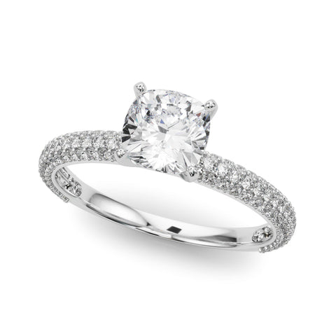 White gold Cushion Solitaire with Pave Band and Four-Prong Setting