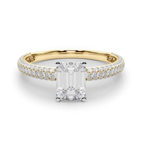 Yellow gold Emerald Solitaire with Pave Band and Four-Prong Setting